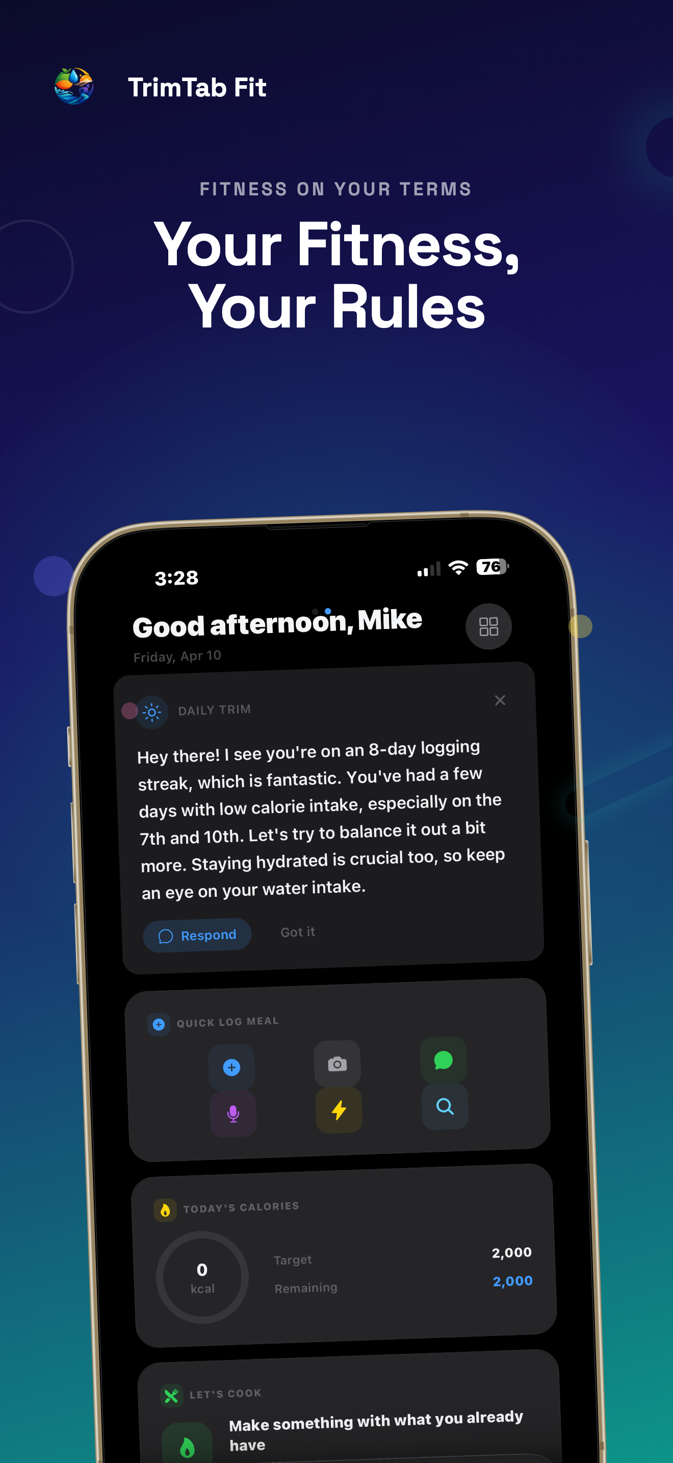TrimTab Fit home screen showing personalized dashboard