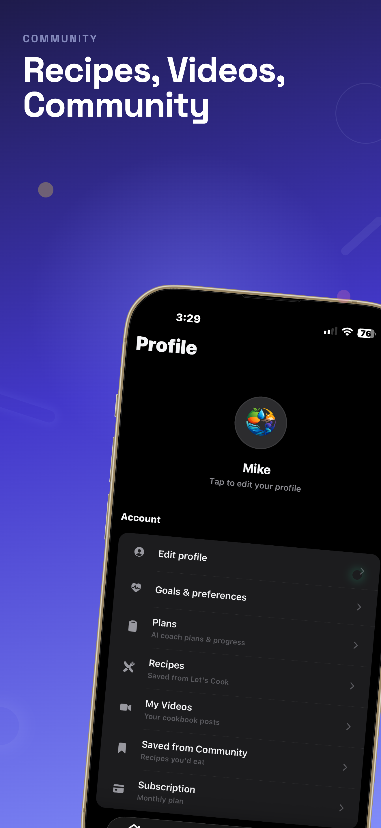 Community profile with recipes and videos